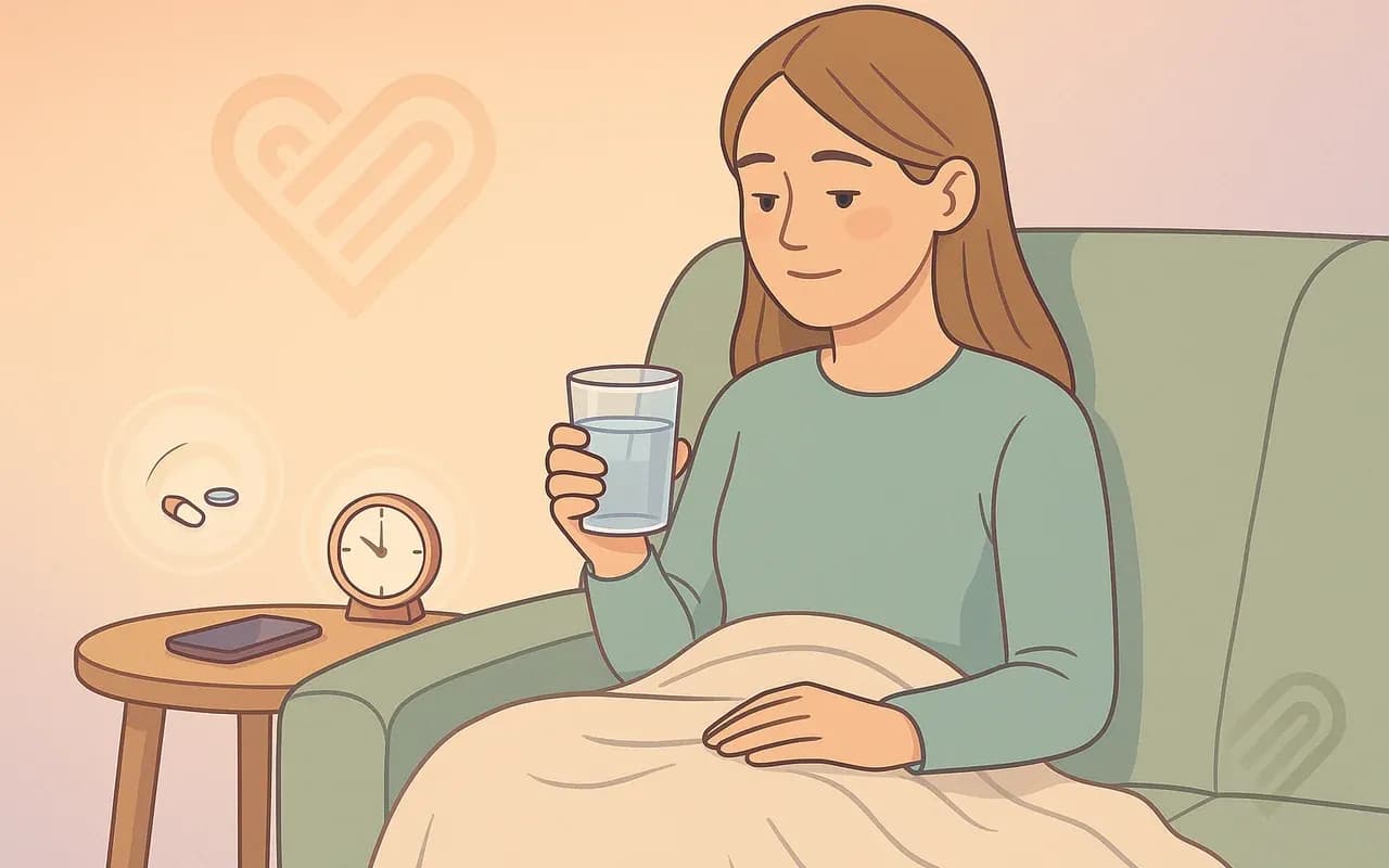 Ilustración de mujer joven en su casa siguiendo un procedimiento de aborto con medicamentos de forma segura y acompañada.