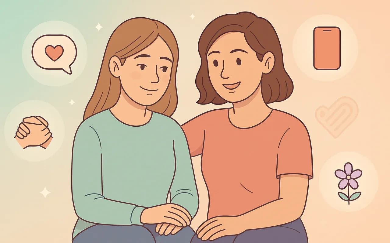 Ilustración de dos mujeres apoyándose mutuamente, simbolizando las redes de acompañamiento emocional durante un proceso de aborto.
