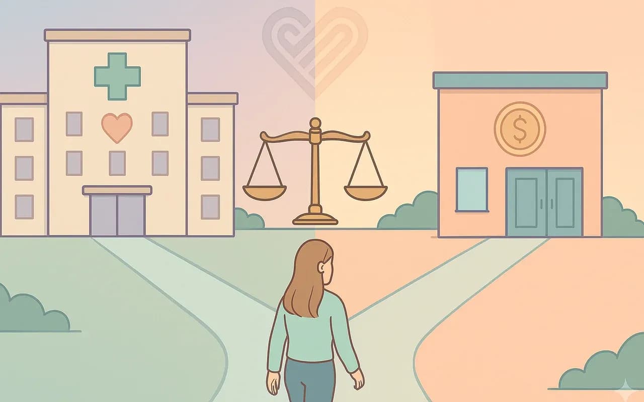 Ilustración comparativa de clínicas públicas y privadas como opciones para acceder a un aborto legal en México.