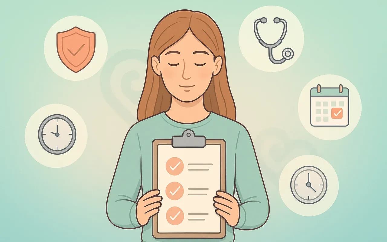 Ilustración de mujer joven con checklist de claves para una interrupción del embarazo segura y protegiendo la salud.