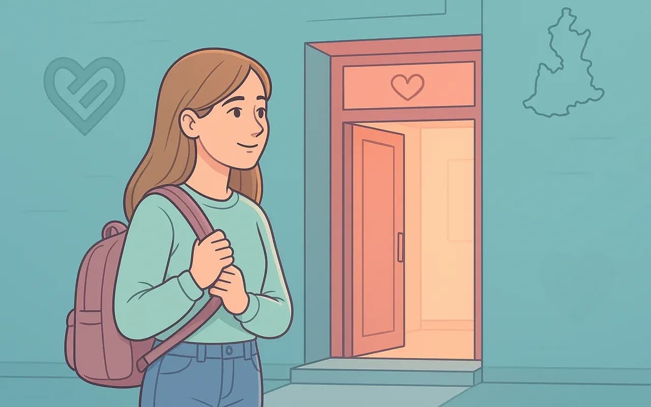 Ilustración de adolescente entrando con esperanza a un centro de atención de aborto legal para menores de edad en Puebla.