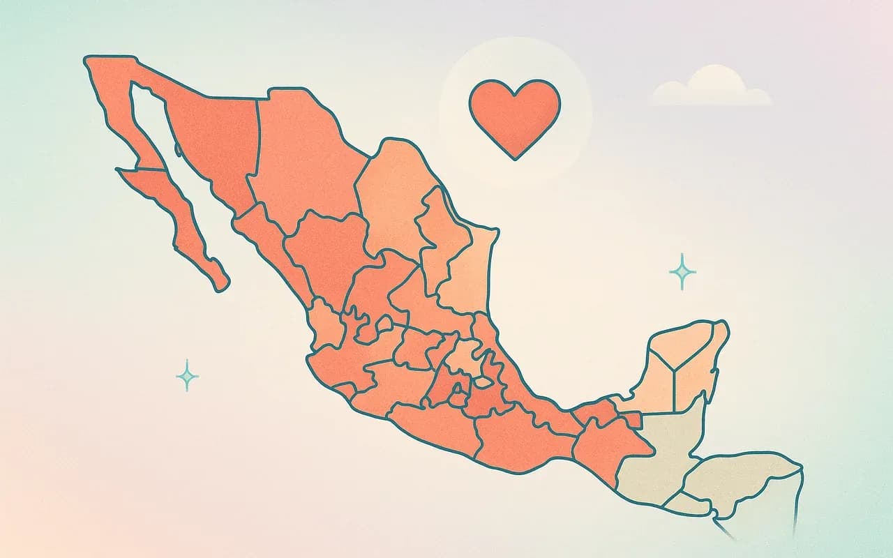 Mapa ilustrado de México con la mayoría de los estados resaltados en coral, indicando dónde es legal el aborto, con un corazón que simboliza el acompañamiento de Clara Contigo.