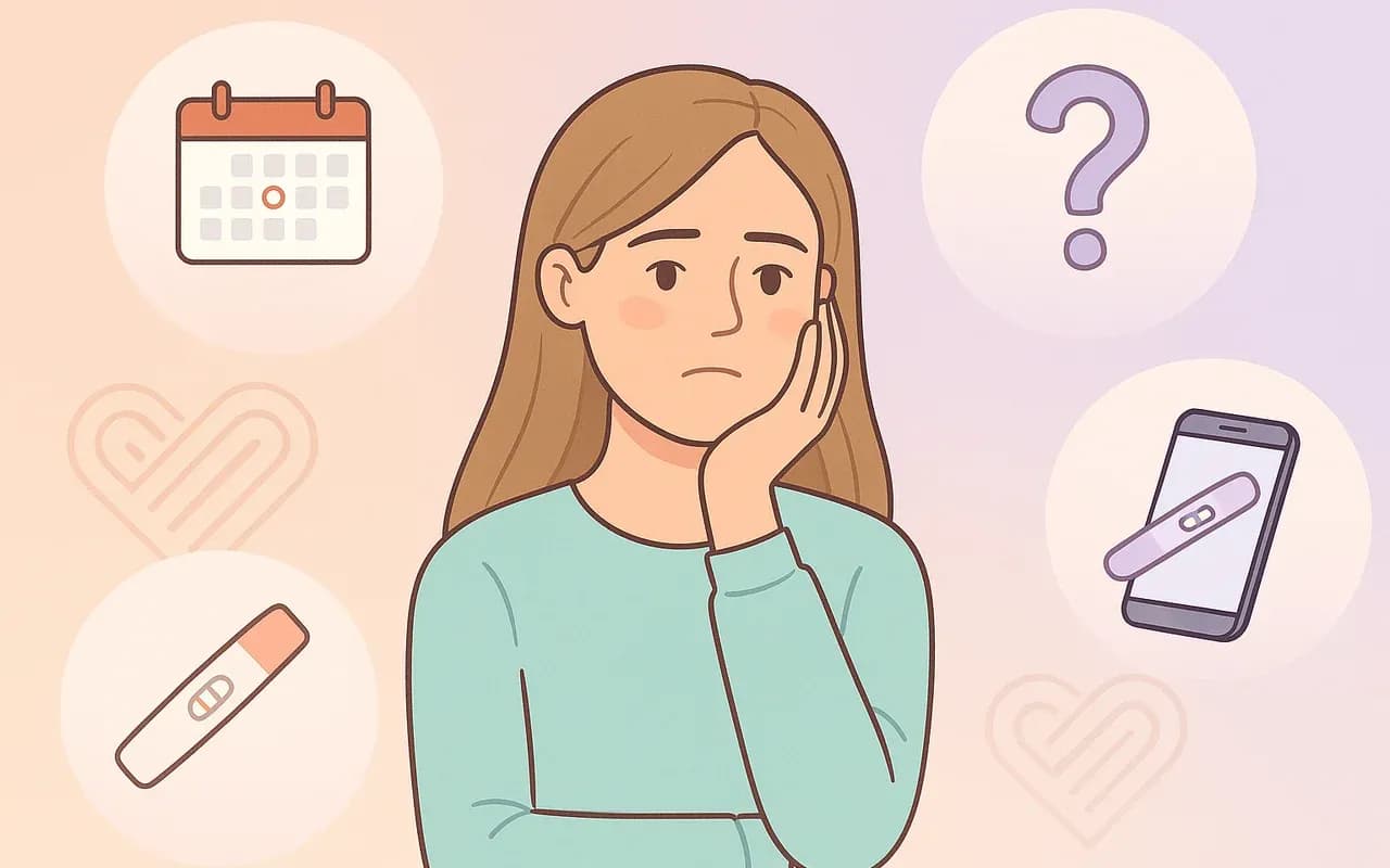 Ilustración de mujer joven pensativa rodeada de elementos que representan dudas y opciones ante un embarazo.