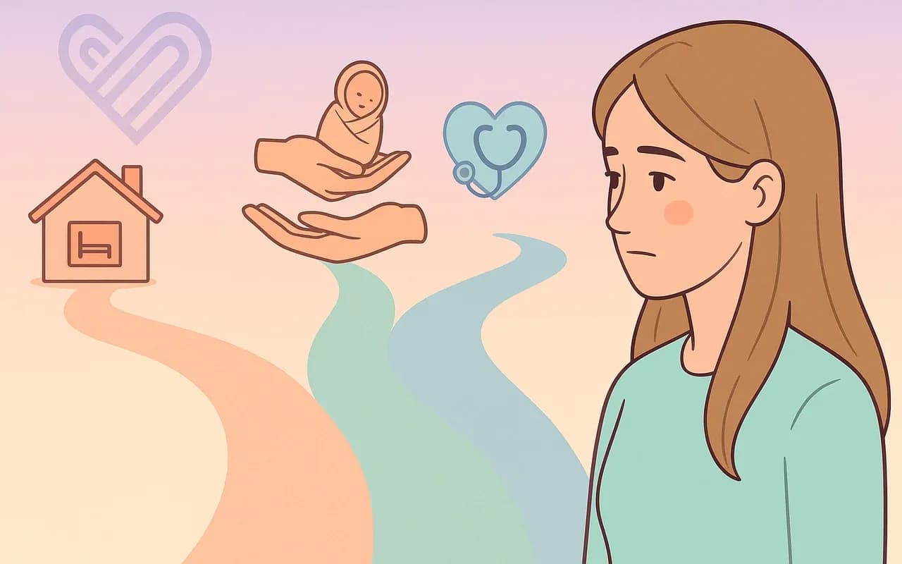 Ilustración de tres caminos que representan las opciones ante un embarazo no planeado: maternidad, adopción e interrupción.