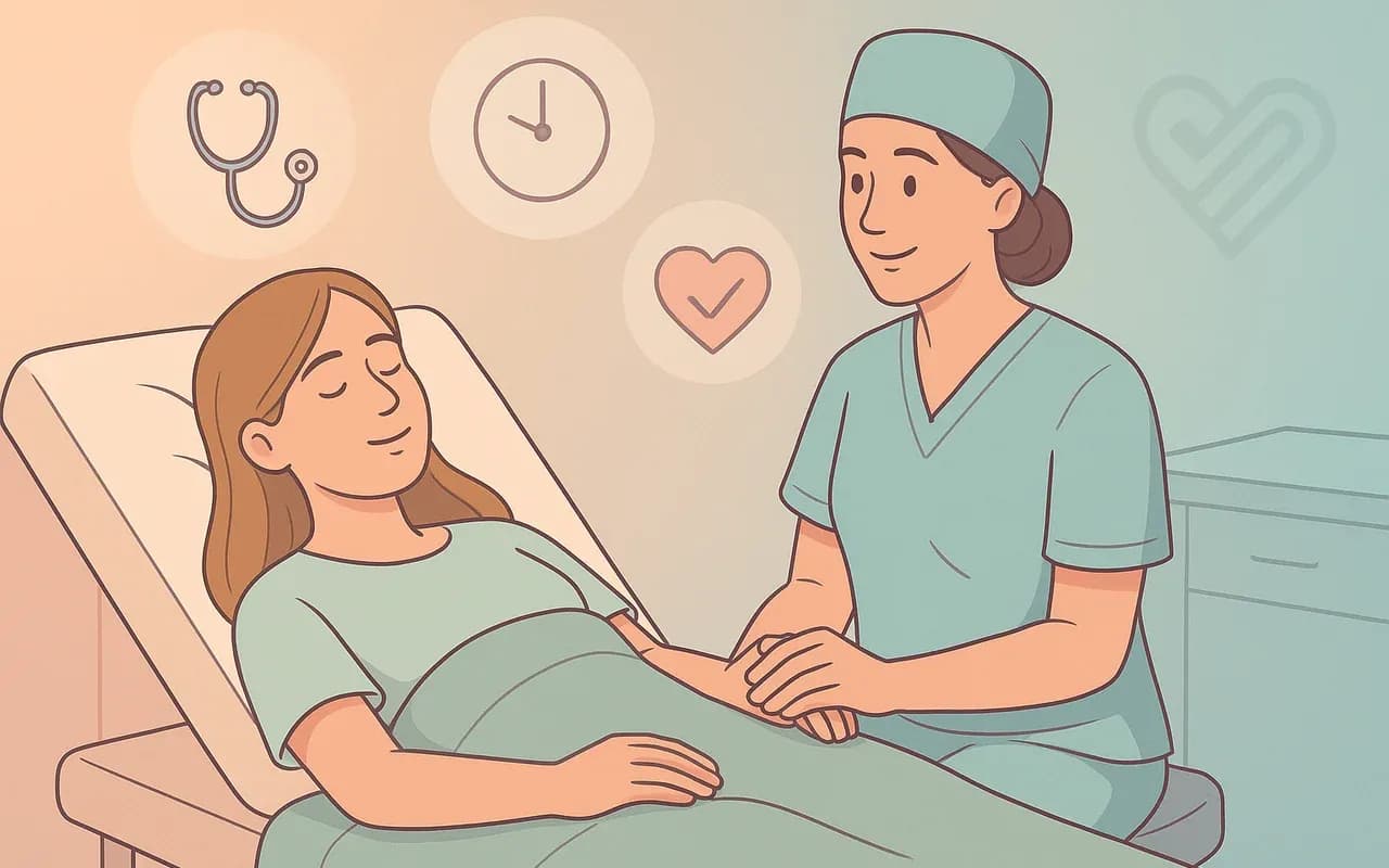 Ilustración de paciente recibiendo atención médica compasiva durante un procedimiento AMEU en clínica.