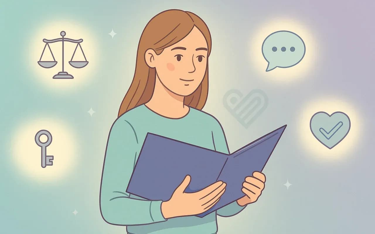 Ilustración de mujer joven informándose sobre sus derechos y opciones ante un embarazo no deseado.